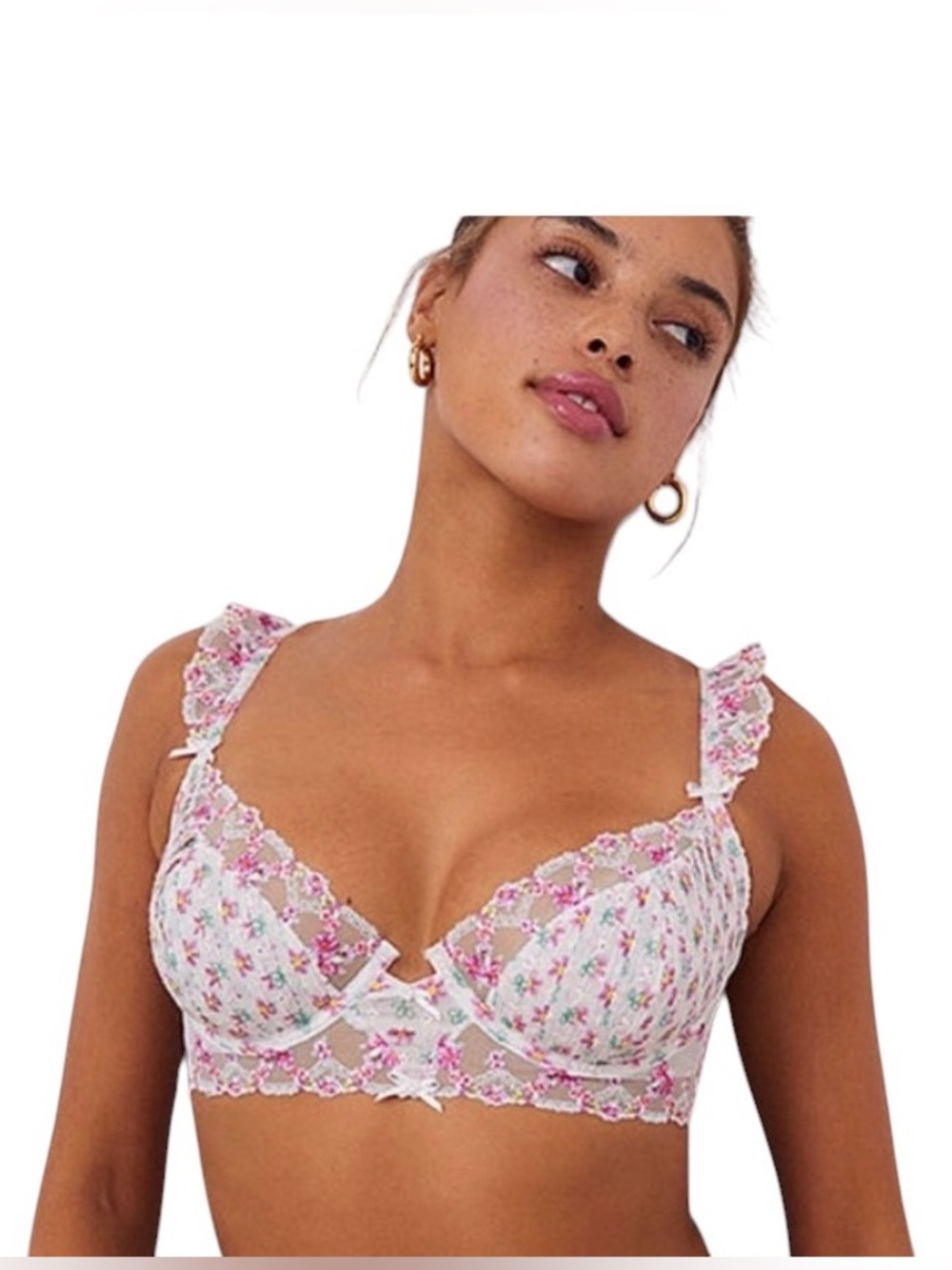 For Love‎ & Lemons Floral Lace Underwire Bloom  Bra White & Pink Size 38 B